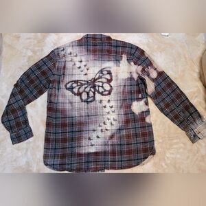 Upcycled The North Face Plaid Fleece Button Up Rhinestones, Butterflies Sz L